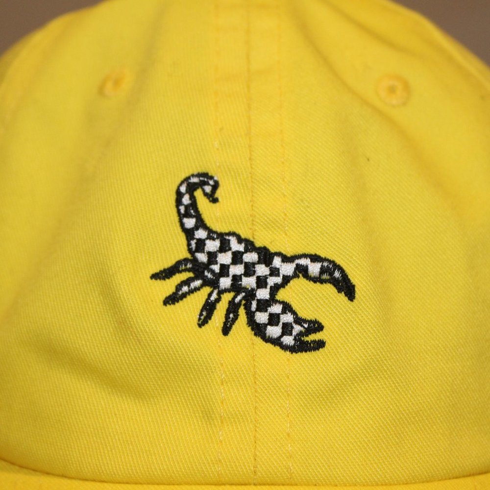 Bright Yellow Broken Promises Dad Hat with Embroidered B&W Checkered Scorpion - Picture 3 of 5